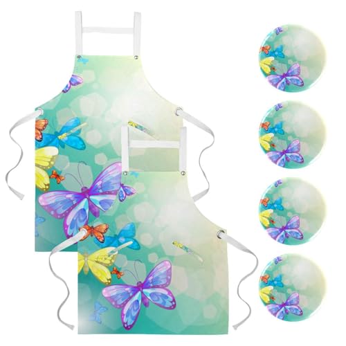Tablier de cuisine multicolore orné de motifs papillon bleu élégants