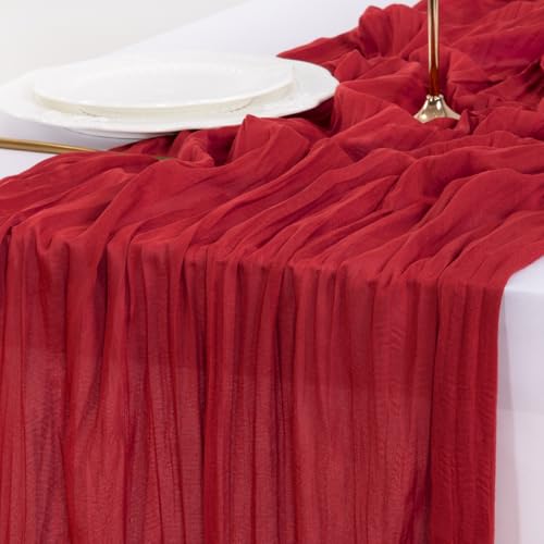 Image of Socomi 10pcs Red Cheesecloth Table Runner Boho Rustic Gauze 120 inch 10FT Cheese Cloth Runner for Wedding Party Baby Shower Birthday Home Decor Holiday Decorations