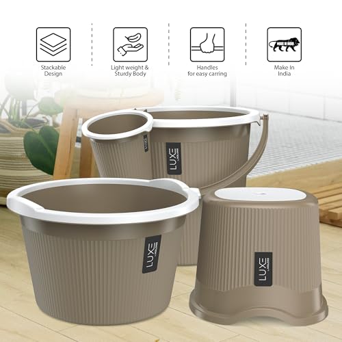 Image of KOLORR Luxe Bathroom Set (Bucket 20L x 2) + (Mug 1.5L x 2) + (Luxe Patla x 1) + (20L Tub x 1)|Sturdy and Durable |Lightweight| Easy to Clean and Attractive Design|Pack of 6| Ratan LT Brown