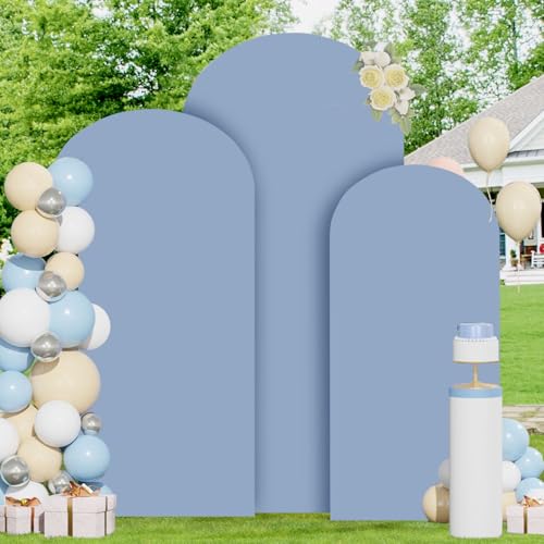 Image of FOTSHARER Dusty Blue Backdrop Arch Cover Set of 3 Arched Backdrop Cover 7.2FT, 6.6FT, 6FT Wedding Arch Stand Covers Chiara Arched Covers Spandex for Wedding Anniversary Birthday Party Balloon Decor