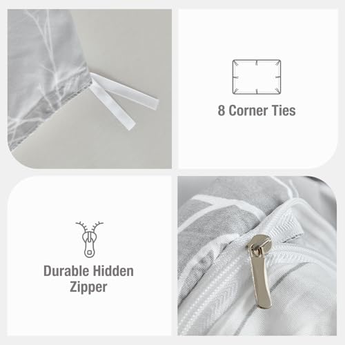 Image of Lekesky Reversible Duvet Cover Queen Size, Grey White Branch Comforter Cover Queen 3pcs Microfiber Botanical Bedding Set with Zipper Closure Corner Ties