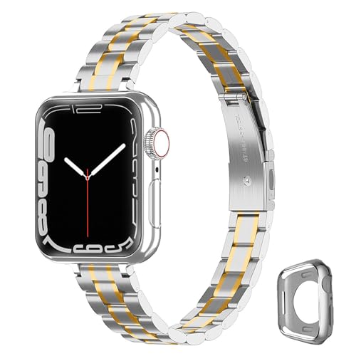 CSJCUBIC Bracelet compatible avec le Bracelet Apple Watch 9 8 7 6 5 4 3 2 1 SE Series pour femme, Bracelet de réglable et fin et élancé en acier inox pour 38mm 40mm 41mm iWatch Montre, Or/Argent