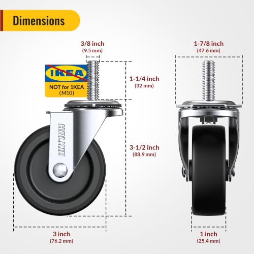 Image of HOLKIE Caster Wheels 3 inch Locking Casters Set of 16 with Brake & No Brake, Threaded Stem 3 /8 inch -16 x 1-1 /4 inch (Diameter 3 /8 inch, Length 1-1 /4 inch) Swivel Heavy Duty Castors Black