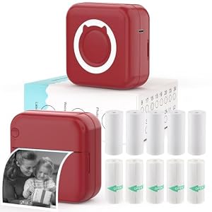 HUIJUTCHEN Mini Photo Printer - Portable Pocket Sticker Printers for iPhone Thermal Printer with 10 Rolls Thermal Paper for Photo, Memo, Journal - Dark Red