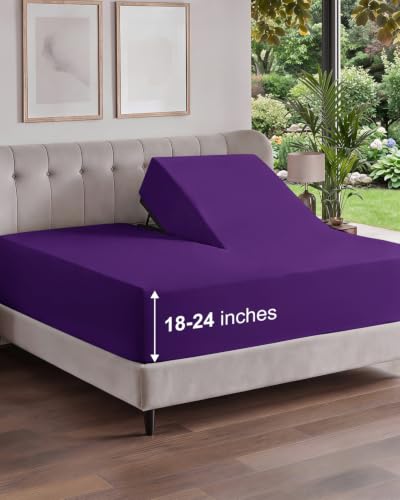 Image of Extra Deep Flex Top Split Head King Fitted Sheet - Hotel Luxury Single Fitted Sheet Only - Easily Fits 18 inch to 24 inch Mattress - Ultra Soft, Wrinkle Free w /Extra Deep Pockets - Purple
