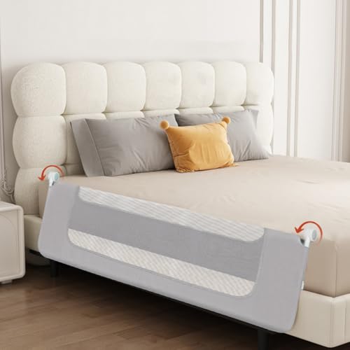 HUOLE Barrera de Cama para niños pequeños, Barrera de Seguridad Plegable y portátil, Marco de Metal anticaída Ajustable en Altura, Marco de Metal Resistente,180 x 73 x 86 cm   Gris
