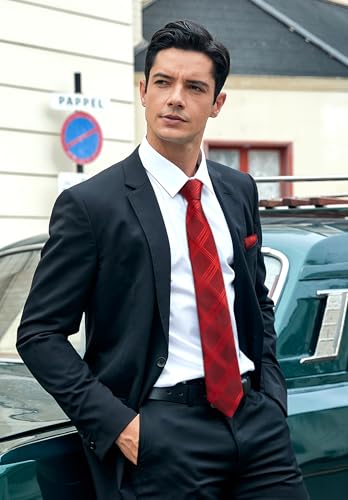 Image of HISDERN Plaid Ties for Men Classic Checkered Tie and Pocket Square Cufflinks Tie Clip Set Woven Men's Necktie Business