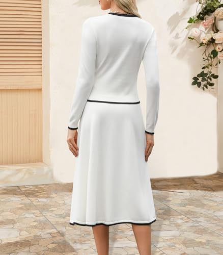 Women's Two Piece Skirt Sets Dressy Casual Knit Long Sleeve Button Crewneck Tops and Midi Dresses Matching Set Fall Outfits White2