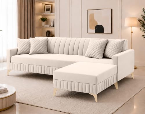 Image of AMATA Falcon 4 Seater L Shape Suede Velvet Fabric Cream Colour Sofa Set with Two Cushions Perfect for Home Office Guests Living Room (Falcon Cream, Falcon 4 Seater l Shape)(3 Year Warranty)