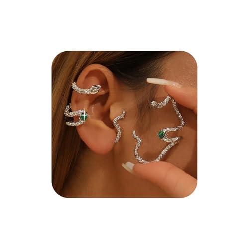 Aneneiceera Vintage Emerald Snake Ear Cuff Earrings Silver Snake Cuff