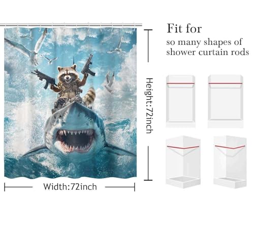 Image of Funny Kids Shower Curtain, Cool Raccoon Riding Shark Ocean Shower Curtains for Bathroom, Fun Nautical Animal Fabric Bathroom Accessories Decor Curtain, with Hooks 72x72 Inch