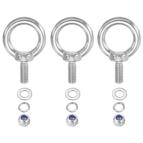 PATIKIL M6 x 14mm Lifting Shoulder Eye Bolt, 3Pcs 304 Stainless Steel Lifting Ring Threaded Eyebolt with Nuts Washers for Hanging Hammocks Articles