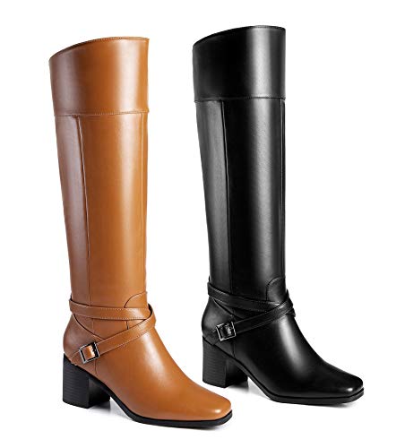 ANN CREEK 'Jumas' Women's Knee-high Square Toe Block Heel Crisscross Buckle Straps Cowboy Riding Boots