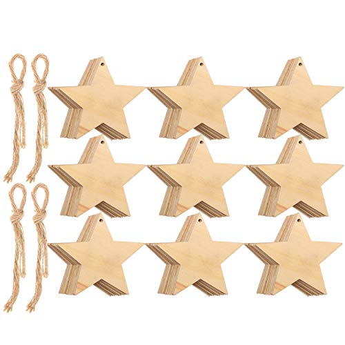 Tatuo 100 Pieces Christmas Wooden Star Ornaments Star Wooden Ornaments Cutouts for Crafts Hanging Ornaments with Ropes for Embellishments, Wedding, DIY, Craft, Festival