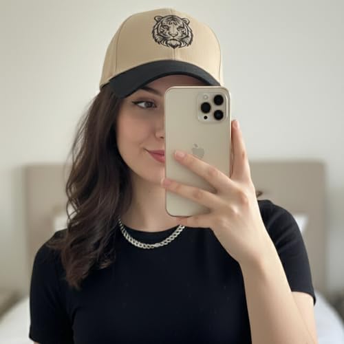 Image of Beige Cotton Baseball Cap with Tiger Embroidery for Men & Women, Adjustable Metal Buckle Strap, Curved Visor Sun Cap for Casual Wear, Travel & Outdoor (Pack of 1)