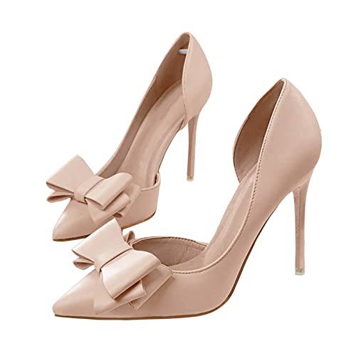 Womens Bow Heels Closed Pointed Toe Dress Shoes Stiletto Slip on Wedding Pumps Nude
