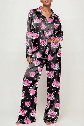 Image of Ekouaer Womens Satin Silky Pajama Set 2 Piece Print PJs Soft Loungewear Button Down Sleepwear with Elastic Waist Long Pants