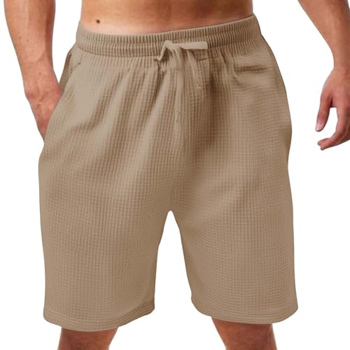 Waffle Shorts for Mens Texture Plaid Elastic Waist Drawstring Casual Pants Loose Fit Breathable Summer Beach Outfits2