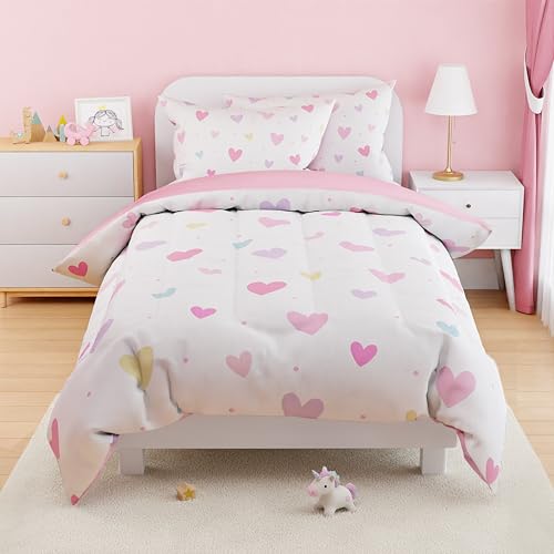 Image of SANDJEST Heart Comforter Set Full Size 98x86in for Kids Girls, Microfiber 4 Pcs Bedding Set Includes 1 Comforter, 2 Pillowcases, 1 Fitted Sheet, Nursery Room Decor