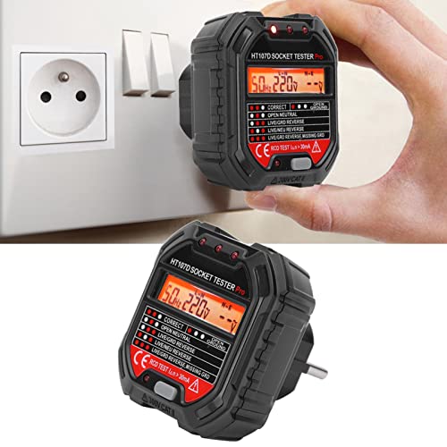 Walfront Probador Enchufes HT107D Comprobador Tomas Eléctricas 7 Modos LED Pantalla LCD Detector Voltaje Falla Red EU 90-250V
