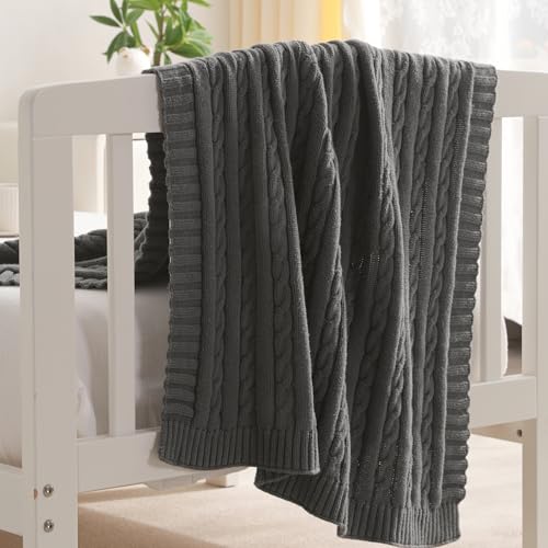 Image of NTBAY 100% Pure Cotton Cable Knit Toddler Blanket, Super Soft Warm Breathable 30x40 Baby Blanket for Crib, Stroller, Nursery, Travel, Newborn, 30x40 Inches, Grey