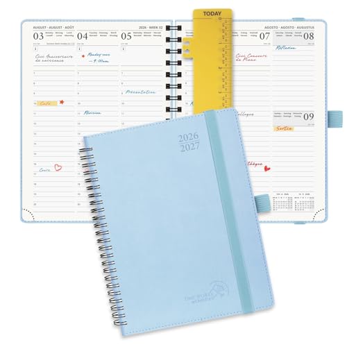 POPRUN Agenda 2026 2027 Semainier 22 x 16,5 cm D'Août 2026 à Déc 2027,Planner Vertical Scolaire 17 Mois avec Couverture Souple Spirale,Règle-signet,Papier 80g/m²,Bleu