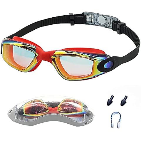 Sinobright Swimming Goggles for Men Women Adults Anti Fog Swim Goggles with Uv Protection, Clear Vision, No Leaking Silicone Cushion, Black Strap with Red Yellow Lense Cover