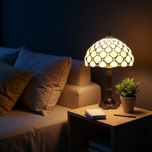 Exporify Tiffany Style Stained Glass Lamp with Yellow Beads, 12-Inch Table Lamp – Handcrafted Vintage Accent Light for Living Room, Bedroom, or Office, Includes LED Bulb — view 3