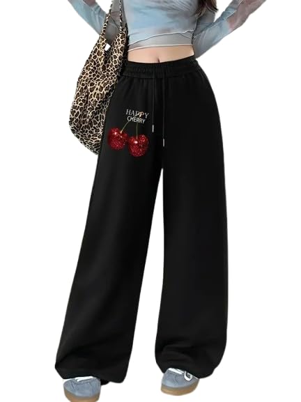 Women's Oversized Baggy Trousers | Wide Leg High Waist Drawstring Cotton Blend Streetwear Pants | Graphic Printed Relaxed Fit Joggers | Casual Korean Style Lounge Wear for Girls & Women | Black-picture-28