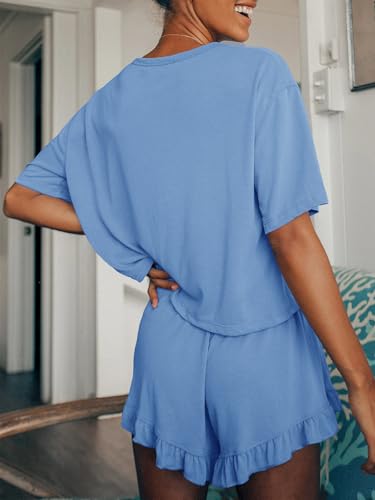 Image of Tankaneo Womens 2 Piece Shorts Set Summer Casual Short Sleeve T Shirts Drawstring Ruffle Shorts Pajamas Lounge Set