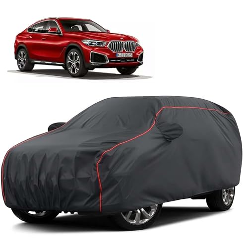 Image of Sulfar 100% Water Resistant Car Body Cover Compatible with Mirror for BMW X6 (Triple Stitched, Full Bottom Elastic, Dark Grey Taffeta with Red Piping)