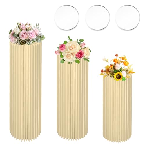 Tacsal Soportes cilíndricos para fiesta con disco acrílico, 3 piezas plegables de pedestal, columnas de cartón, mesas cilíndricas para decoración de bodas, fiestas de cumpleaños, columnas de papel
