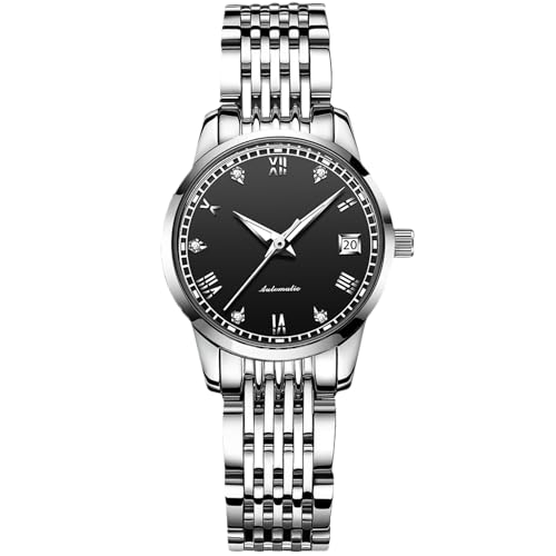 Montre automatique femme RORIOS en acier inoxydable noir avec chiffres romains lumineux