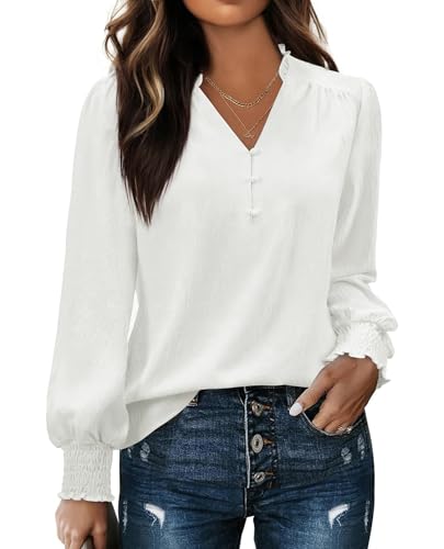 Gleeivy Blouses for Women Dressy Casual Long Sleeve Shirts V Neck Tunic Fall Tops Trendy with Smocked Cuffs Business 2026 Outfits Clothes White M