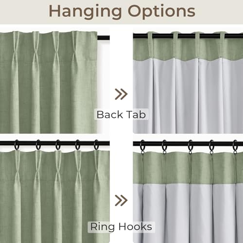 Pinch Pleated Blackout Curtains 108 Inches Long, Linen Blend, 100% Blackout Drapes with 20 Hooks, Ideal for Bedroom and Living Room, 40" W x 108" L (Pack of 2), Light Sage