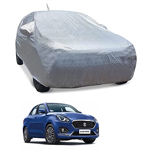 Image of Auto Hub Waterproof Car Cover Compatible with Maruti Swift Dzire (Model : 2017-Till Date) with with Mirror Pocket, Soft Cotton Lining, Waterproof Swift Dzire Car Cover- Metallic Silver