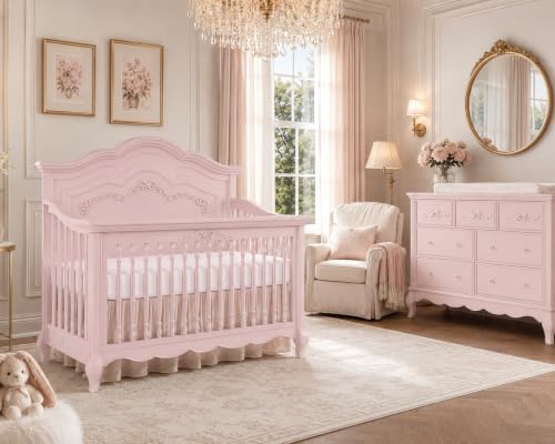 Image of Evolur Aurora 5-in-1 Convertible Full Size Baby Crib, Blush Pink