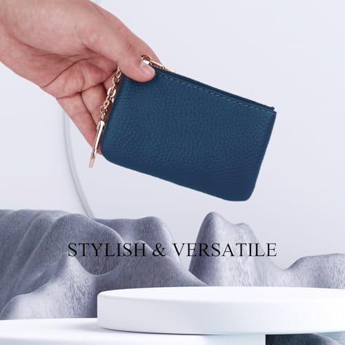 Image of Full Grain Leather Coin Purse with Key Chain - Small Change Purse Keychain Card Holder Keychain Pouch Small Keychain Wallet for Women and Men (Navy Blue), LA-2312
