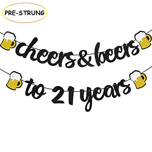 Cheers & Beers to 21 Years Black Glitter Banner for 21th Birthday Wedding
