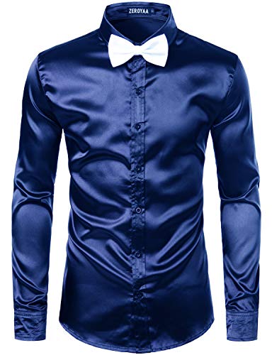 Image of ZEROYAA Men's Luxury Printed Silk Like Satin Button Down Dress Shirt for Party Prom