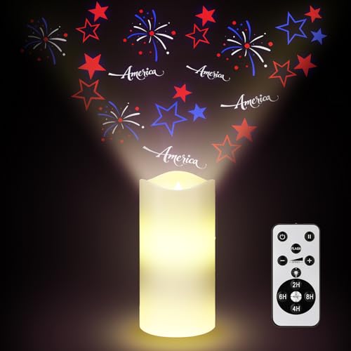 Image of 4th of July Flameless Candle Patriotic Projector Light 250th Anniversary Decoration LED Candle Battery Operated Night Light with Remote Timer Independence Day Memorial Red White Blue Table Decor