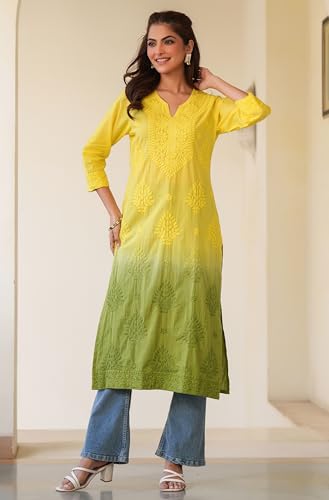Image of Janasya Women's Pure Cotton Chikankari Embroidered Straight Kurta