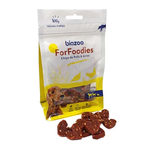 Biazoo Pack 9 un. Chips Forma corazón de Pollo y arroz 100g. Snack con Alto Contenido proteico Apto para Todas Las Razas y tamaños.