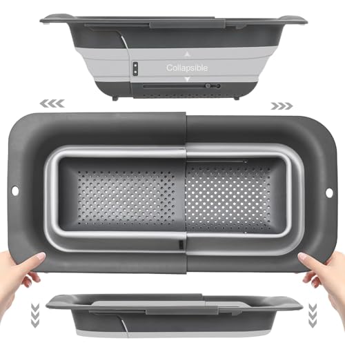 Image of KRESHU Over The Sink Collapsible Colander Silicone Strainer Basket | Wash Vegetables and Fruits, Drain Cooked Pasta | Adjustable Silicone Sink Strainer 51x26x12.5cm (Pack of 1)