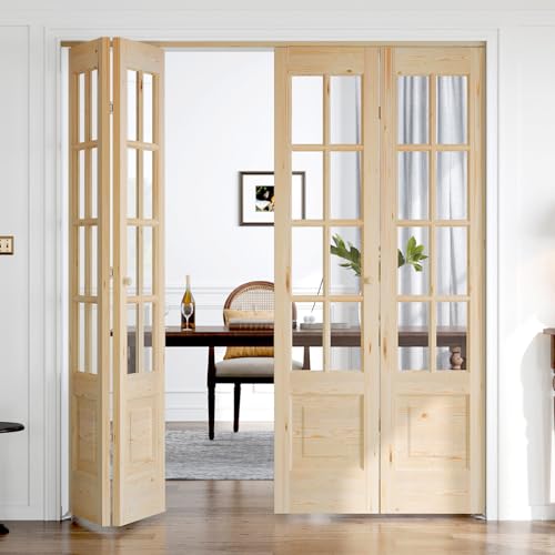 Roymelo Bifold Doors for 72'×80' Opening, Clear Glass French Interior Folding Barn Door with Concealed Hardware Kit Included, Spruce Wood Support DIY Dyeing, Preassembled Door, Save Space