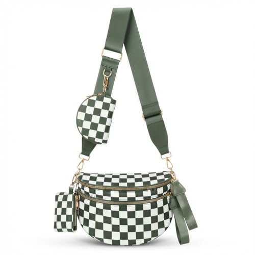 Cross Body Bag for Women Checkered Crossbody Bags Bum Bags for Women Fanny Packs for Girls Small Nylon Checkered Purse Trendy Shoulder Bag (RS-YB-Checkered Green White One Size)