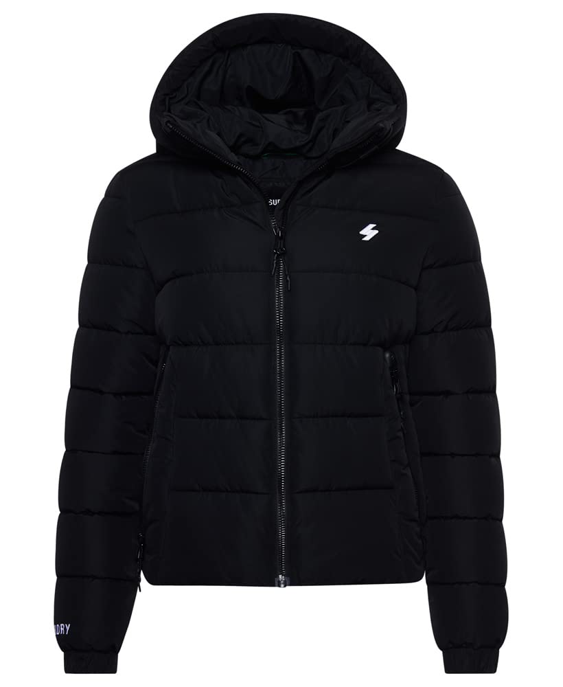 Superdry Hooded Spirit Sports Puffer Jacket for Women, Black/White, UK 16