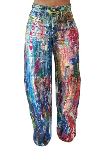 Women's Tie Dye Print Splash Jeans Baggy Printed Wide Leg Pant High Waisted Vintage Pants with Pockets