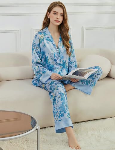 Image of Arssm Satin Pajama Set for Women Silk Pajamas Set 2 Piece Floral Pj Set Long Sleeve Button Down Pjs Sleepwear