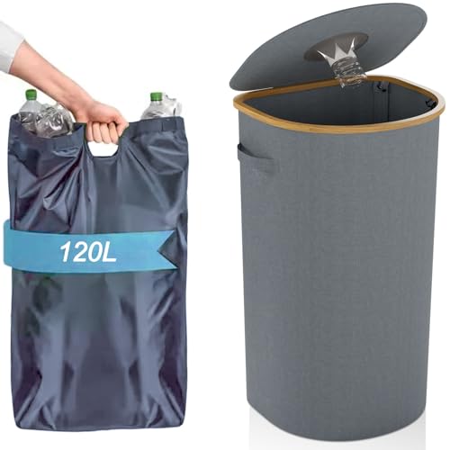 Aischens Contenedor de reciclaje gris de 120 L para cocina, interior y exterior, gran contenedor de reciclaje con tapa, contenedor de basura doble y recipiente para botellas, color gris